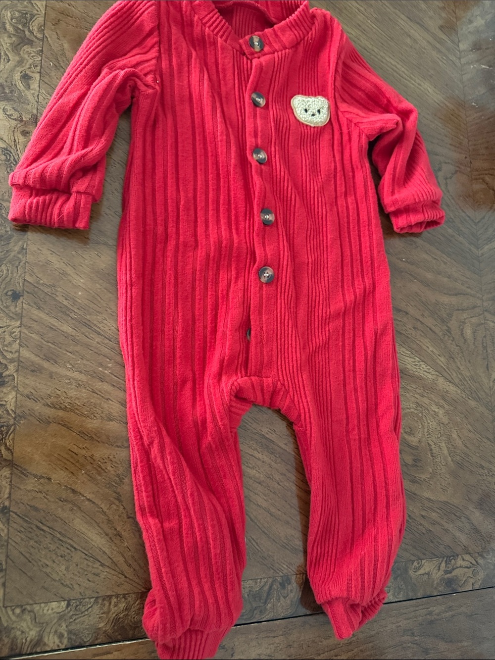 SHEIN Red Ribbed Baby One-Piece Footie with Bear Patch